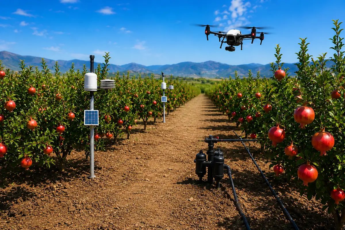 Smart agricultural development project featuring AI-powered farming, drone monitoring, IoT sensors, precision irrigation, and sustainable orchard management.